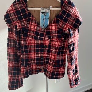 Adorable L.A.M.B. Off-the-shoulder Fitted Plaid Jacket